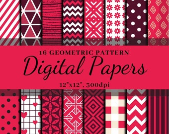 16 Geometric Pattern Digital Papers Pack, Red And Black Digital Geometric Background Papers, 12x12 Inches Seamless Pattern Printable Papers