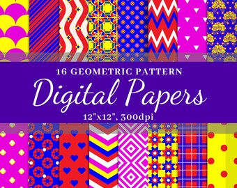 Whimsical Geometric Patterns: 16-Pack Digital Paper Blue And Purple, Red And Yellow 12x12 Inches Paper Craft, Instant Download