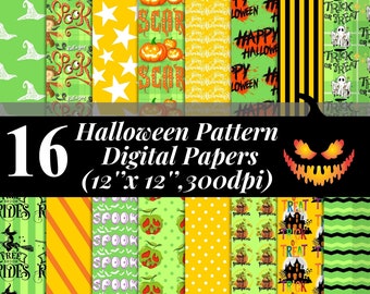 16 Halloween Pattern Digital Papers Pack, Green And Yellow Halloween Design Printable Paper, 12x12 Inches Cute Halloween Digital Print