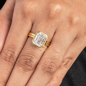 3 CT Emerald Cut Lab Grown Bezel Wedding Ring Set, Emerald Diamond 14K Yellow Gold Bezel Ring, Bezel Set Solitaire Ring, Propose Ring Set