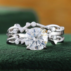 Lab Grown 1.5 Carat Diamond Engagement Ring Set: 14K Gold Twig & Leaf Design