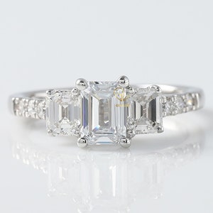 1.00 Carat F/VVS2 IGI Certified/ Emerald Cut Lab Grown Diamond Ring/ Three Stone Diamond Ring/ White Gold Engagement Ring/ Anniversary Gift