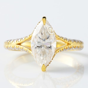 2 CT Lab Grown Marquise Diamond Engagement Ring: 14K Gold Split Shank