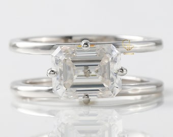 East-West Emerald Cut Lab Diamond Engagement Ring: Double Shank Band