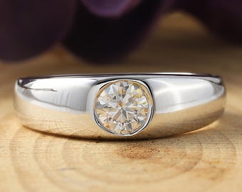 Flush Set Solitaire Diamond Ring | 0.50 CT Lab Grown Diamond Wide Wedding Band | 14K Gold Engagement Ring | Single Stone Women’s Ring