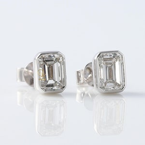 Emerald Cut Lab Grown Diamond Studs: 14k Gold Bezel Earrings