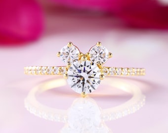 Mickey Mouse Ears Engagement Ring: Lab-Grown Diamond, Three Stone Setting