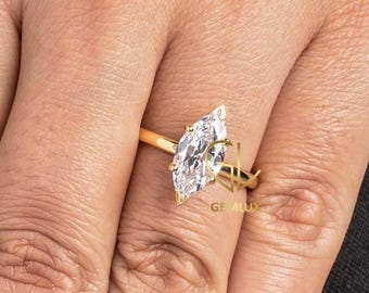 Anillo solitario de diamante sintético talla marquesa de 2 quilates: Anillo de compromiso de oro de 14 quilates