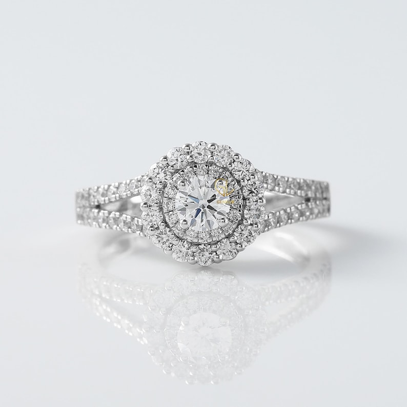Lab Grown Diamond Double Halo Engagement Ring: Split Shank Wedding Ring ...