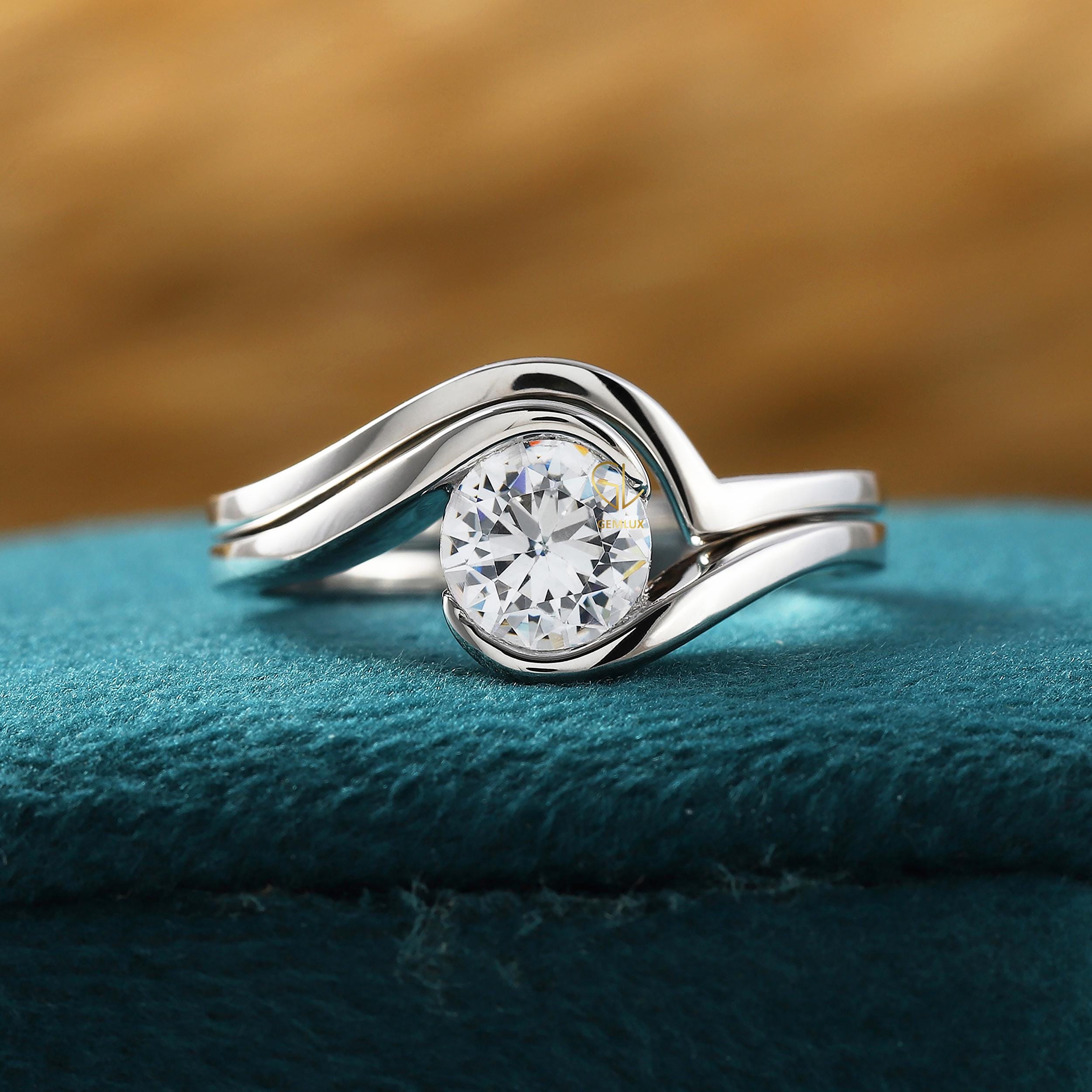 1 CT Round Lab Diamond Swirl Ring Set: 14K White Gold Wedding Band