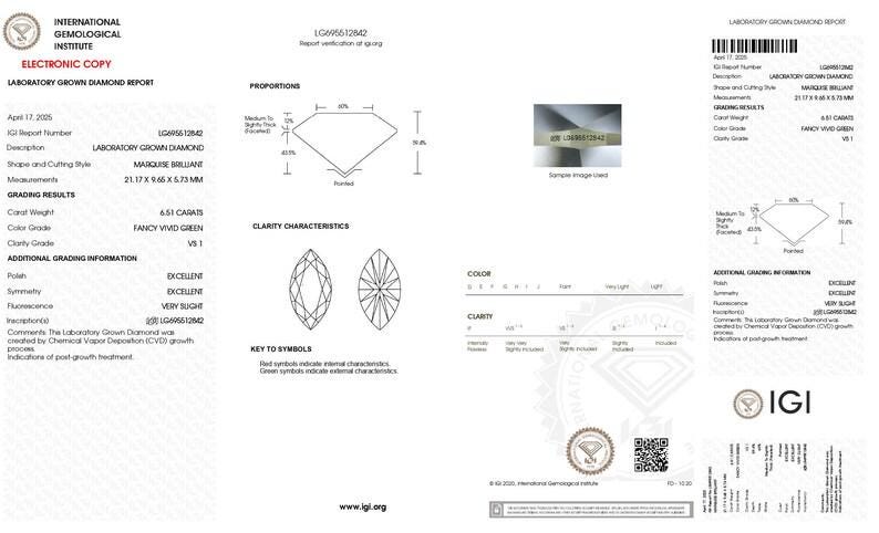 May include: A laboratory-grown diamond report from the International Gemological Institute. The report details a marquise brilliant cut diamond, 21.17 x 9.65 x 5.73 mm, with a fancy vivid green color and VS1 clarity. The report includes diagrams and grading information.