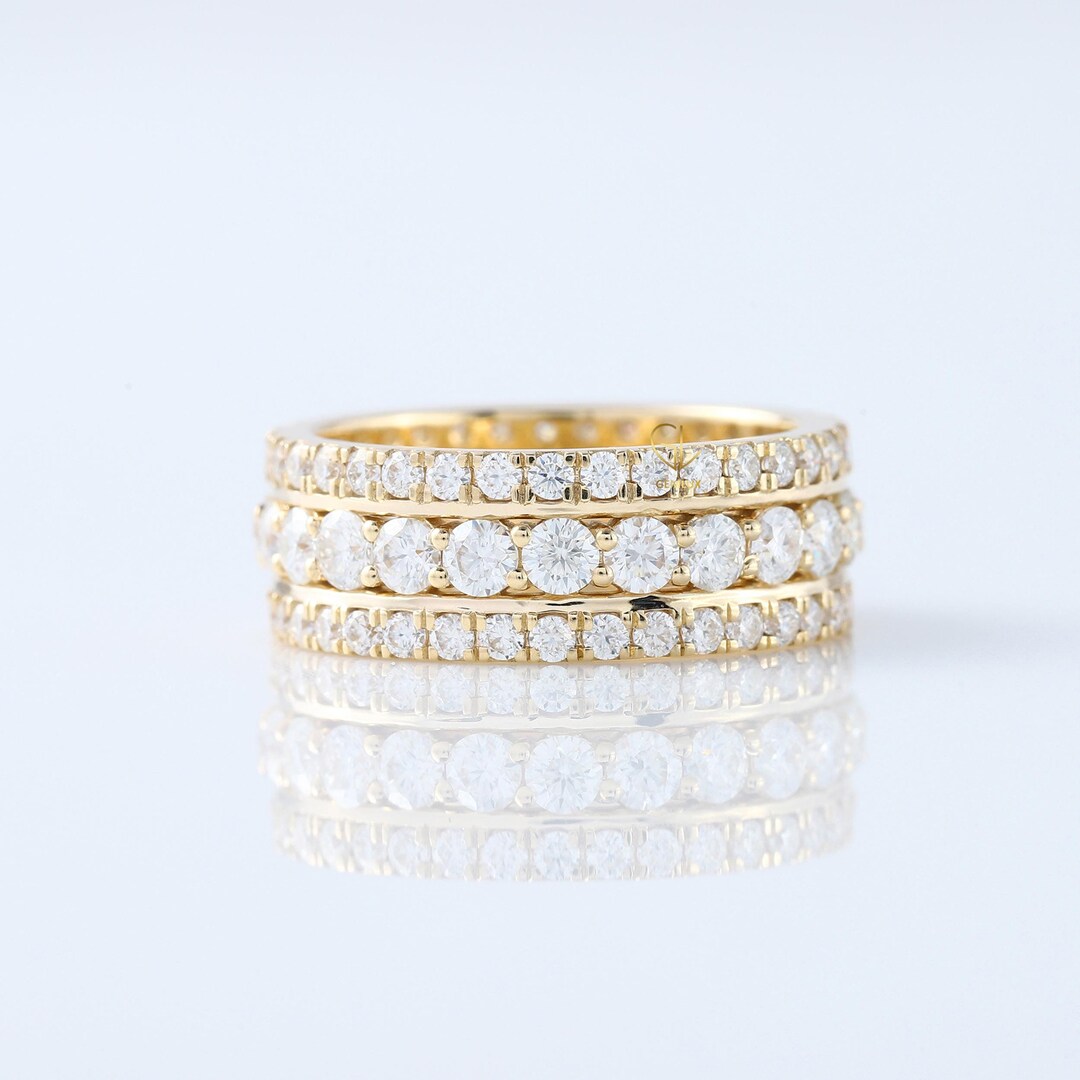 14K Yellow Gold Three Row Lab-grown Diamond Eternity Band - Etsy