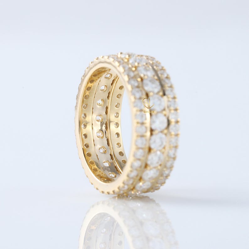 14K Yellow Gold Three Row Lab-grown Diamond Eternity Band - Etsy
