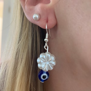 Handmade Evil Eye Dangle Earrings: Hypoallergenic Silver Flower Jewelry