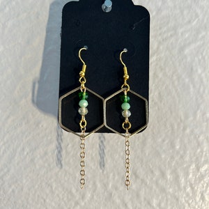 Gold and Green Hexagon Dangle Earrings - Handmade Minimalist Boho Jewelry with Hypoallergenic Materials - Unique Gift for Her