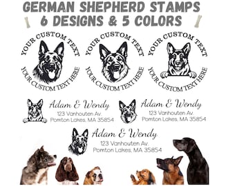 German Shepherd Dog Custom Personalized Rubber Stamps. 6 Designs to Choose From & 5 Colors.