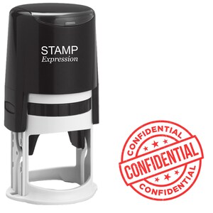 May include: A black and white self-inking stamp with the text "STAMP Expression". A red "CONFIDENTIAL" stamp is shown to the right, with the word "CONFIDENTIAL" in a circle with stars.