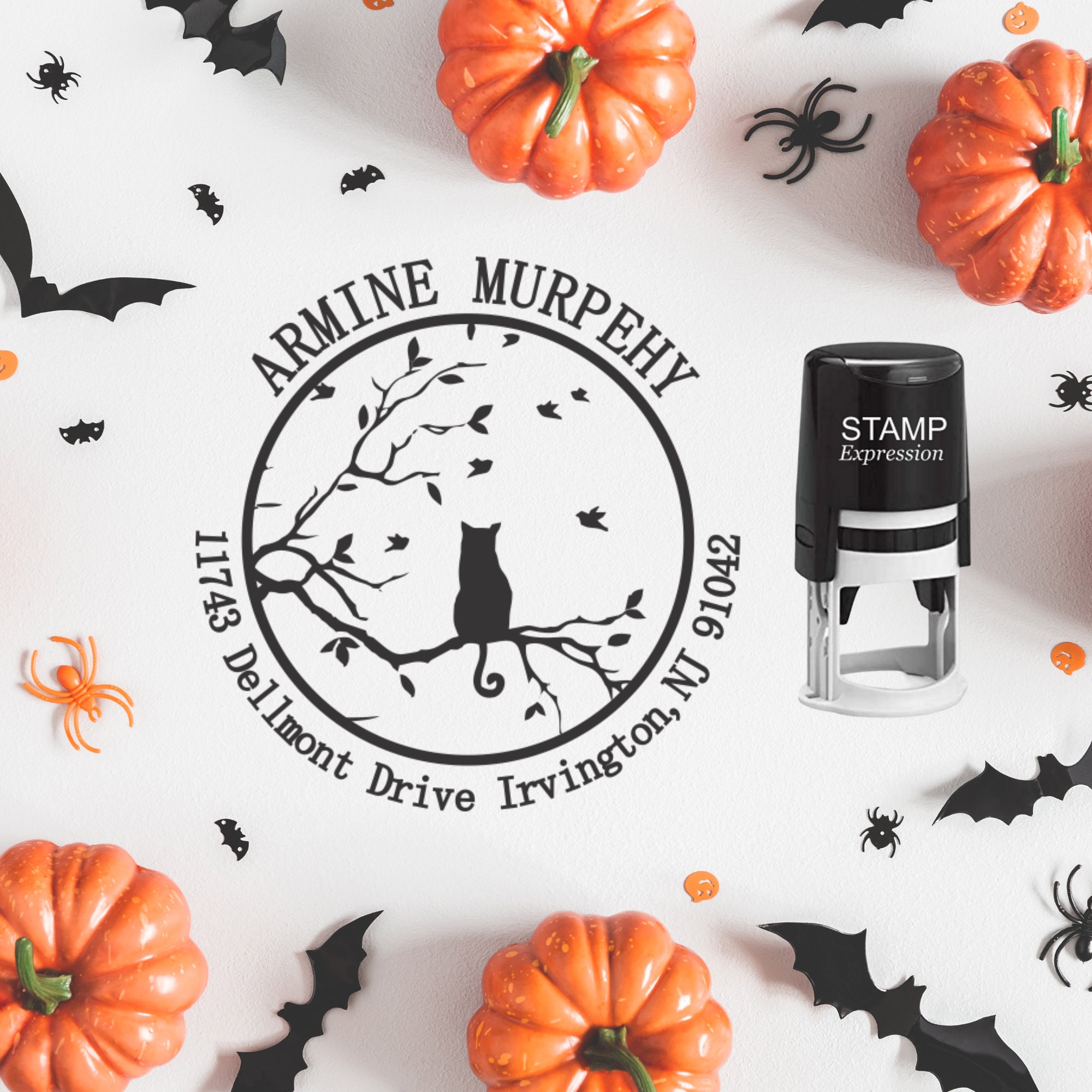 Black Cat Halloween Custom Return Address Stamp - Self Inking. Personalized Rubber Stamp With Lines Of Text