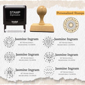 May include: A collection of personalized stamps featuring zodiac symbols and the text "Personalized Stamps." The image includes a self-inking stamp, a wooden stamp, and several examples with a name and address.