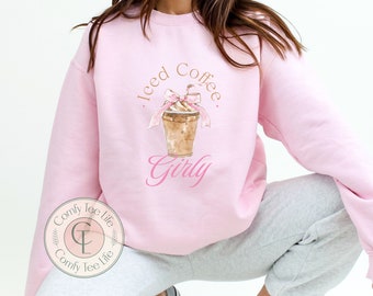 Eiskaffee Girly Coquette Bow Ästhetik Rundhals Sweatshirt, Trendy Girl Shirt, Kaffee Liebhaber Shirt, Geschenk für sie