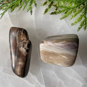 May include: Two tumbled stones, one is brown with black and white streaks, the other is light brown with white and pink streaks.