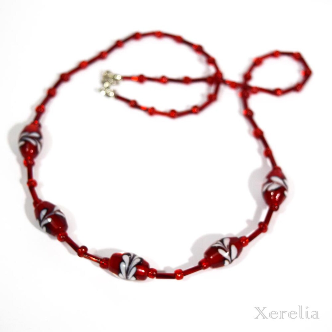 Red and White Glass Bead Necklace Bold Boho Fashion Statement Etsy