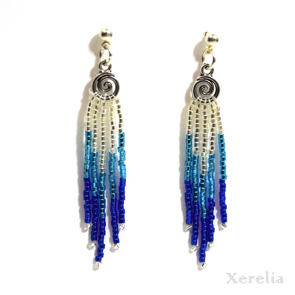 Blue Ombre Swirl Beaded Fringe Earrings Bold Boho Fashion Statement Jewelry Gift for Her Modern Bohemian Artsy Trendy Stylish Accessories