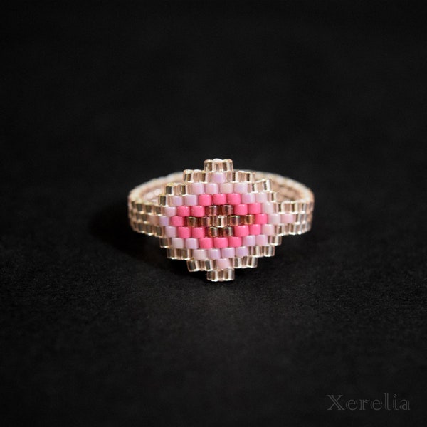 Pretty Pink Arabesque Beaded Peyote Ring Bold Boho Fashion Statement Jewelry Gift for Her Modern Bohemian Trendy Stylish Accessories