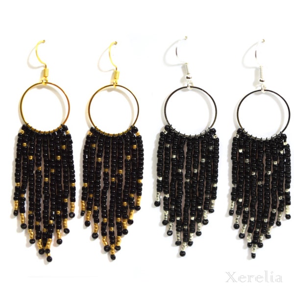 Black Fringe Hoop Beaded Earrings Silver or Gold Bold Boho Fashion Statement Jewelry Gift for Her Modern Bohemian Trendy Stylish Accessories