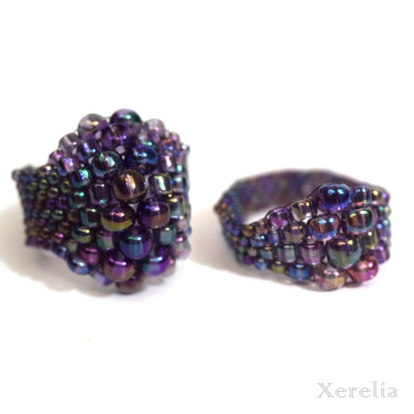 Dark Purple Iris Beaded Peyote Bubble Ring Bold Boho Fashion Statement Jewelry Gift for Her Modern Bohemian Trendy Stylish Accessories