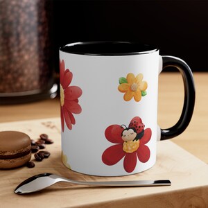 Flowers & Ladybugs Accent Coffee Mug, 11oz Ladybug Mug, Ladybug Lover Mug, Ladybug Coffee Cup, Lady Bug Gifts,Ladybug Coffee Mug