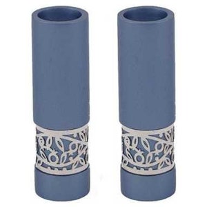 Round Pomegranate Cutout Metal Candlesticks By Yair Emanuel - Blue