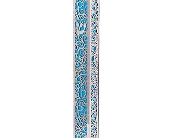 Laser cut Pomegranate Mezuzah Case - Turquoise With Silver Overlay - By Yair Emanuel