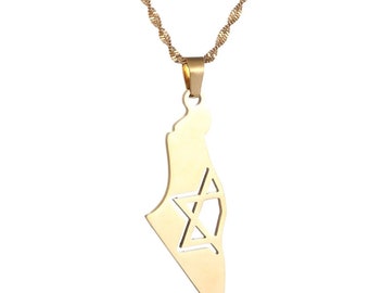 Stainless Steel Israel Map Pendant Necklace with Magen David, Gold and Silver