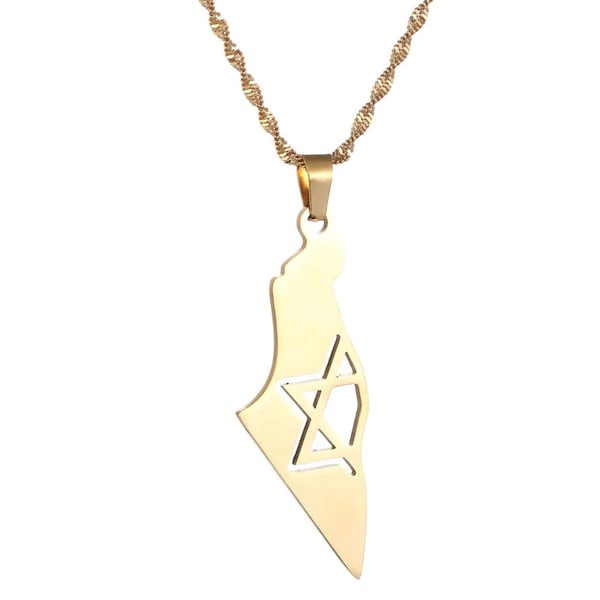 Stainless Steel Israel Map Pendant Necklace with Magen David, Gold and Silver