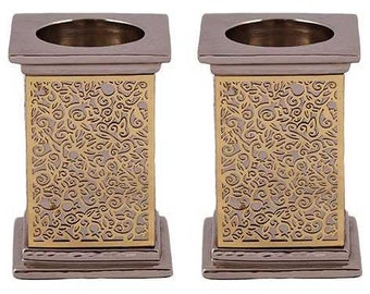 Square Floral Laser Cut Candle Holder - Gray With Gold Overlay - By Yair Emanuel