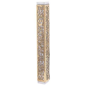 Laser cut Pomegranate Mezuzah Case - Gray With Gold Overlay - By Yair Emanuel