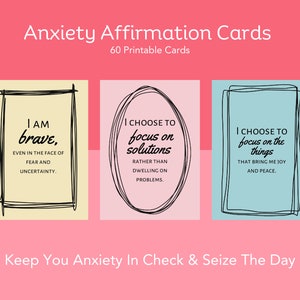 Tarjetas de afirmación para la ansiedad - Conjunto de 60 / Afirmaciones positivas para el alivio del estrés y el cuidado personal / Descarga digital / Tarjetas de alivio de la ansiedad