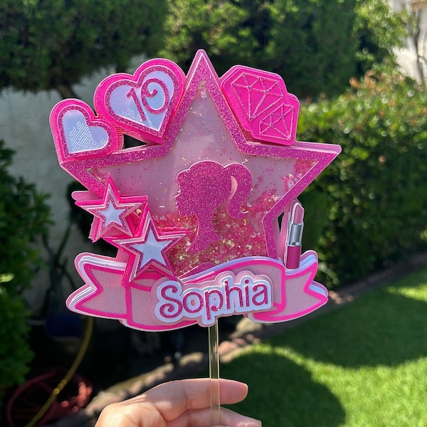 pink cake topper,doll cake topper , doll party cake topper , pink glitter