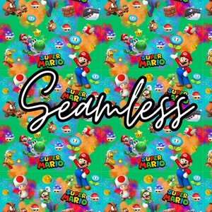May include: A seamless pattern featuring Super Mario characters, including Mario, Luigi, Yoshi, and Toad. The background is a vibrant green with colorful splatters and stars. The text "SUPER MARIO" appears multiple times throughout the pattern.