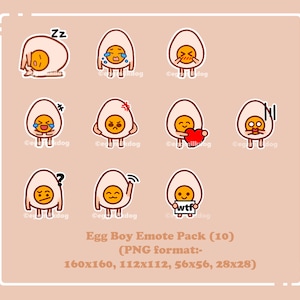 May include: A set of 10 digital egg boy emoticons in various poses and expressions. The emoticons are in PNG format and come in four sizes: 160x160, 112x112, 56x56, and 28x28 pixels.