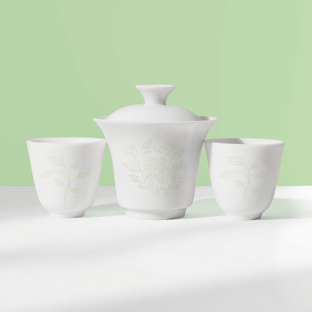 Gongfu Tea Brewing Set, Green Gaiwan and Two Cups, Porcelain Tea Maker