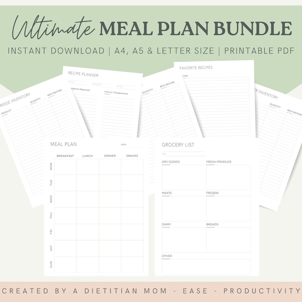 Minimalist Meal Plan Template, Meal Plan Print, Grocery Lists Printable, Recipe Card Template, Inventory Tracker, PDF Instant Download