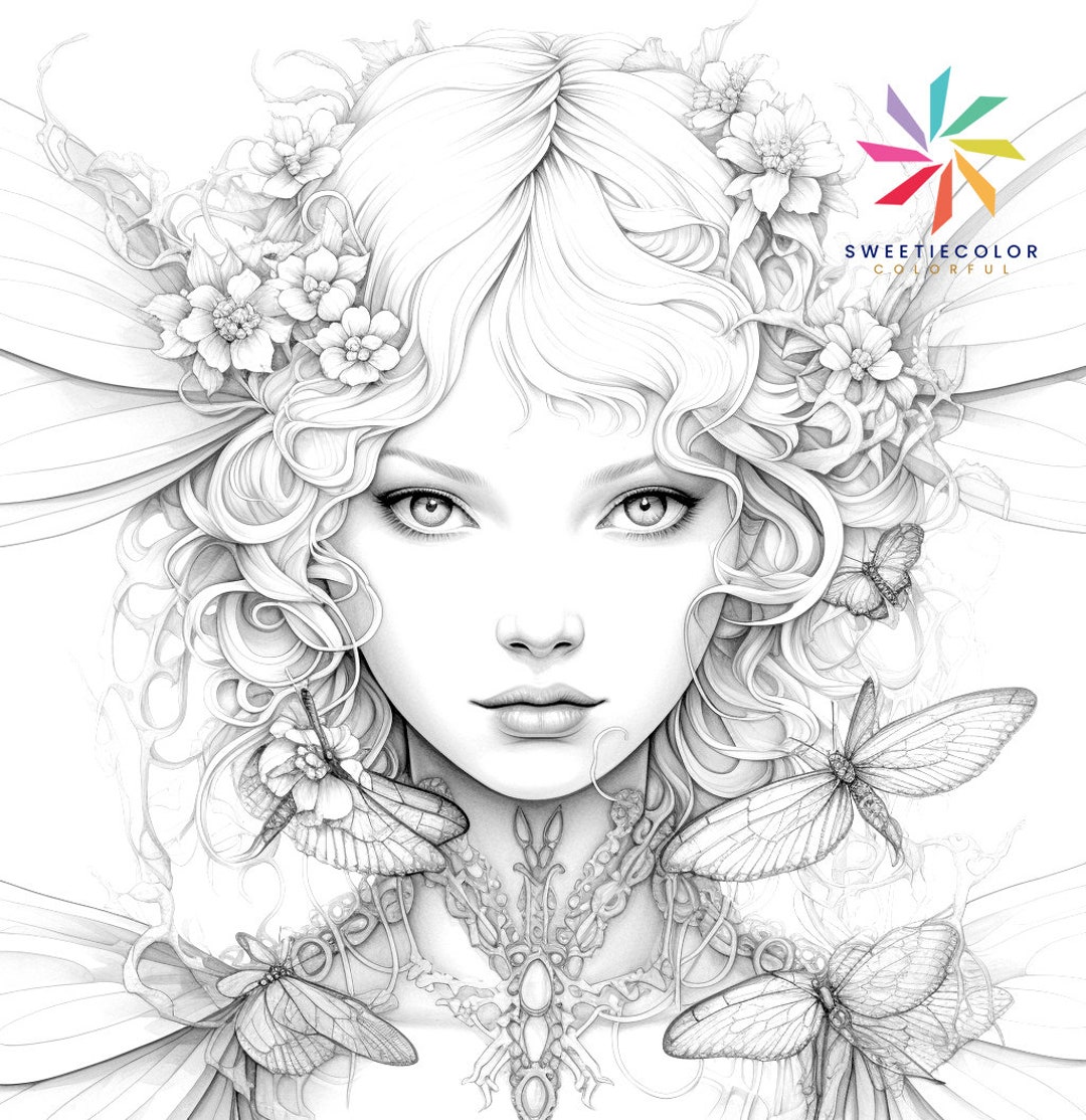 Princess and Butterfly Coloring Page for Adults Relaxing Etsy