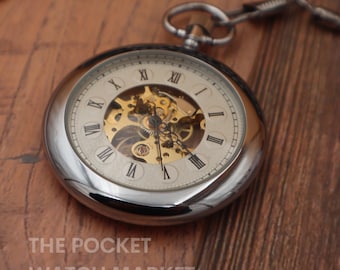 The Fermat - Signature Mechanical Pocket Watch with Metal Chain and Engraving - Silver Pocketwatch * Anniversary * Wedding * Birthday Gift *