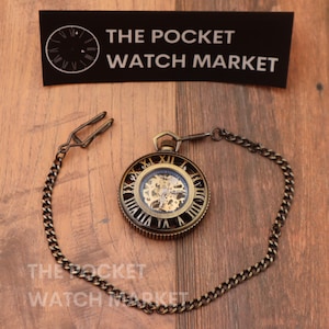 Antique Signature Mechanical Pocket Watch &quot;The Bell&quot; with Metal Chain - Bronze Vintage Pocketwatch for Anniversary * Wedding * Birthday *