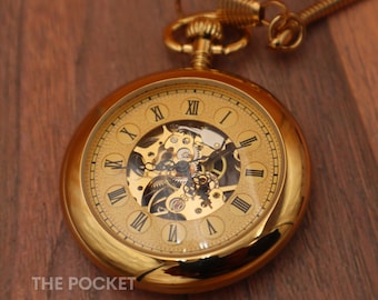 The Volta - Signature Mechanical Pocket Watch with Metal Chain and Engraving - Gold Vintage Pocketwatch for * Wedding * Birthday Gift * Grad
