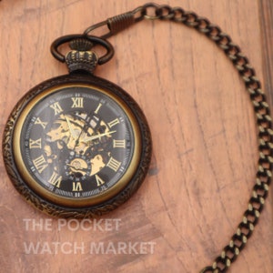 PERSONALIZED Signature Mechanical Pocket Watch &quot;The Tyson&quot; with Metal Chain - Bronze Pocketwatch * Anniversary * Wedding * Birthday Gift *