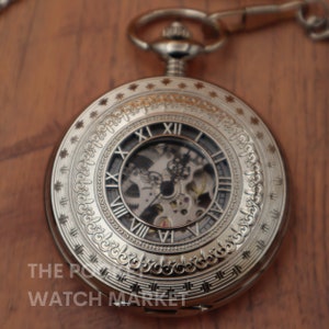 The Chrono - Signature Mechanical Pocket Watch with Metal Chain and Engraving - Silver Pocketwatch * Anniversary * Wedding * Birthday * Gift