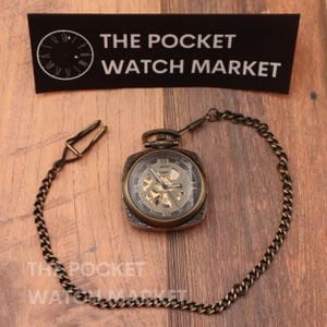 PERSONALIZED Signature Mechanical Pocket Watch &quot;The Laplace&quot; with Metal Chain - Bronze Vintage Pocketwatch for Gift * Wedding * Birthday